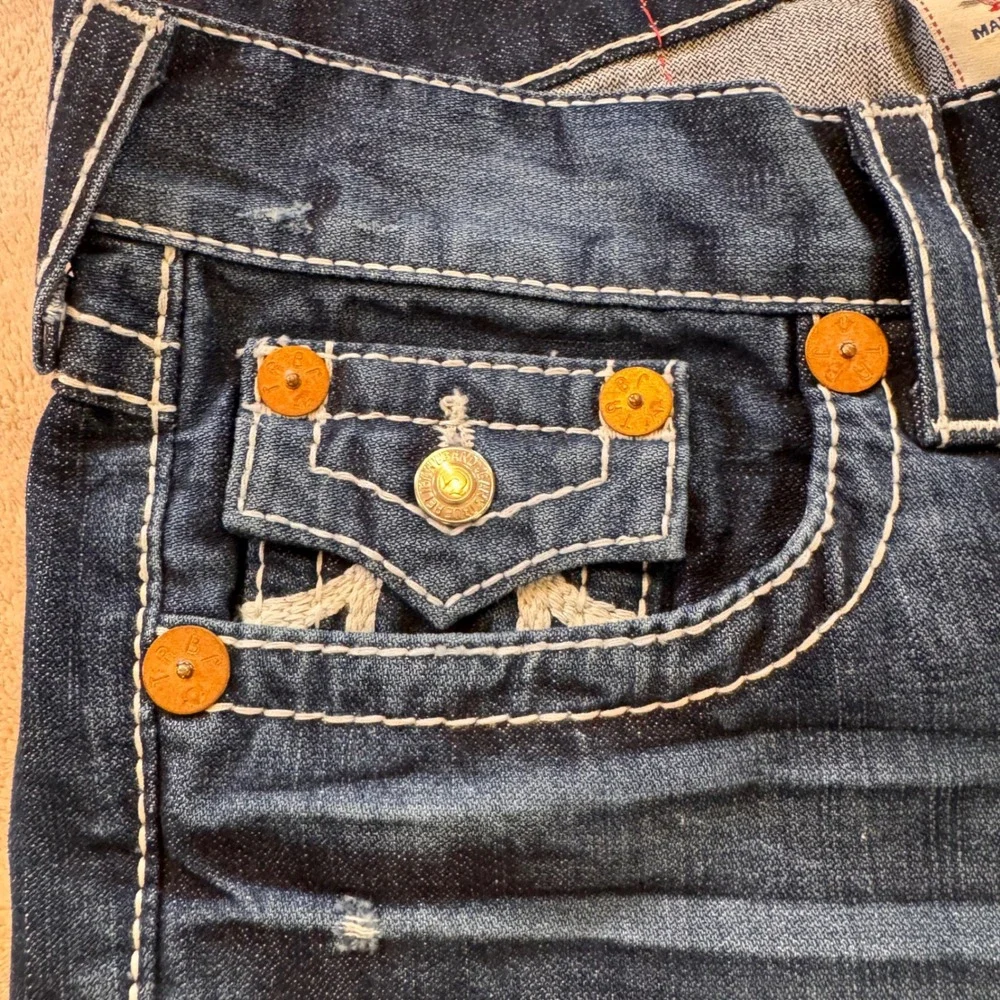 True Religion Rainbow Ricky Straight Dark Super Thick Stitch Denim Jeans 31x31